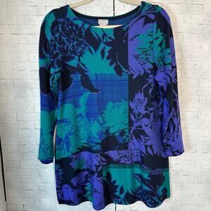 Chicos women’s sweater, purple aqua floral 3/4 sleeve modern costal grandma